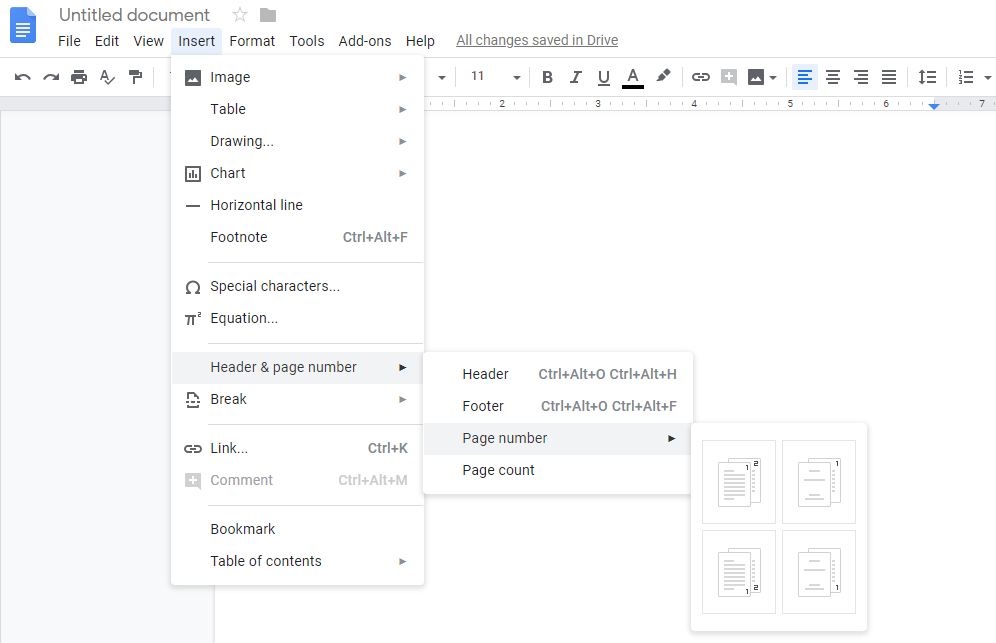 how to add page number in Google Docs